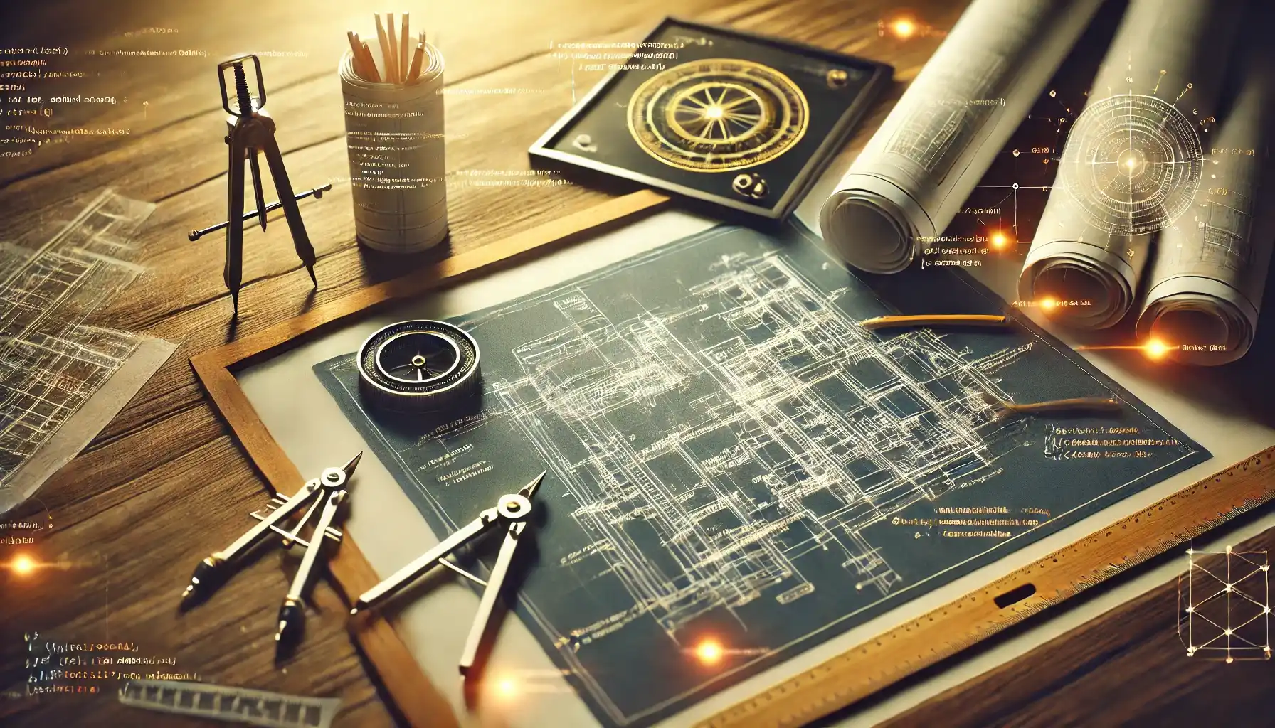 Blueprint architettonici con codice e strumenti da progettazione, sviluppo software